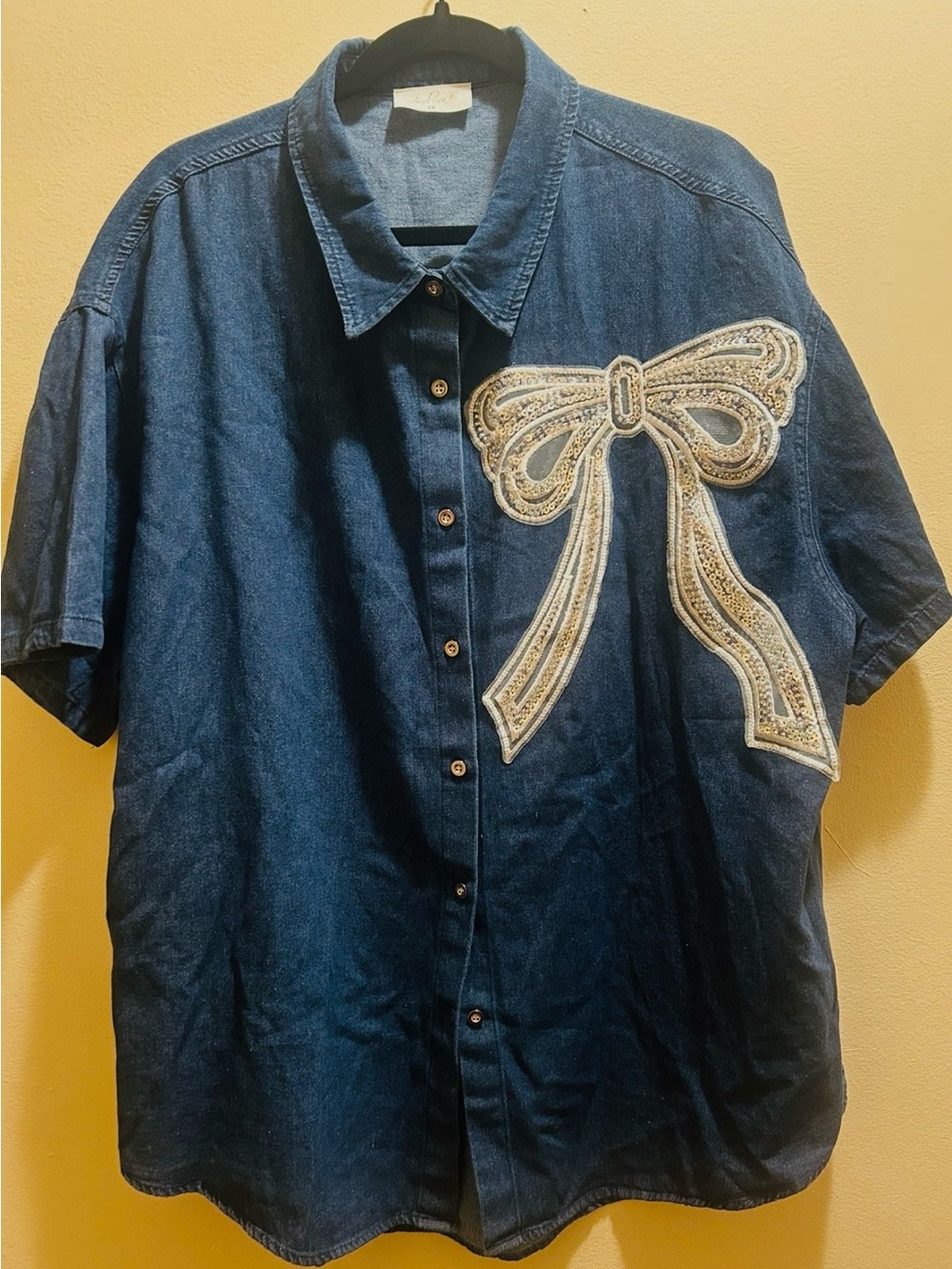 Denim Button-Up Shirt with Embroidered Bow